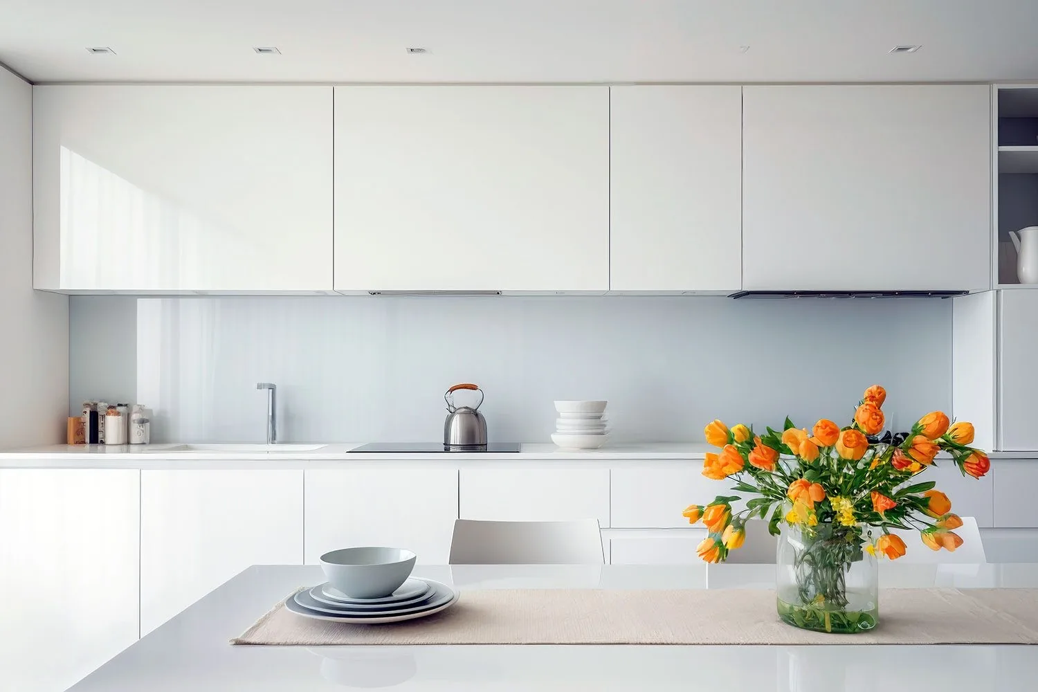 Credence en verre blanc laque dans une cuisine moderne et lumineuse