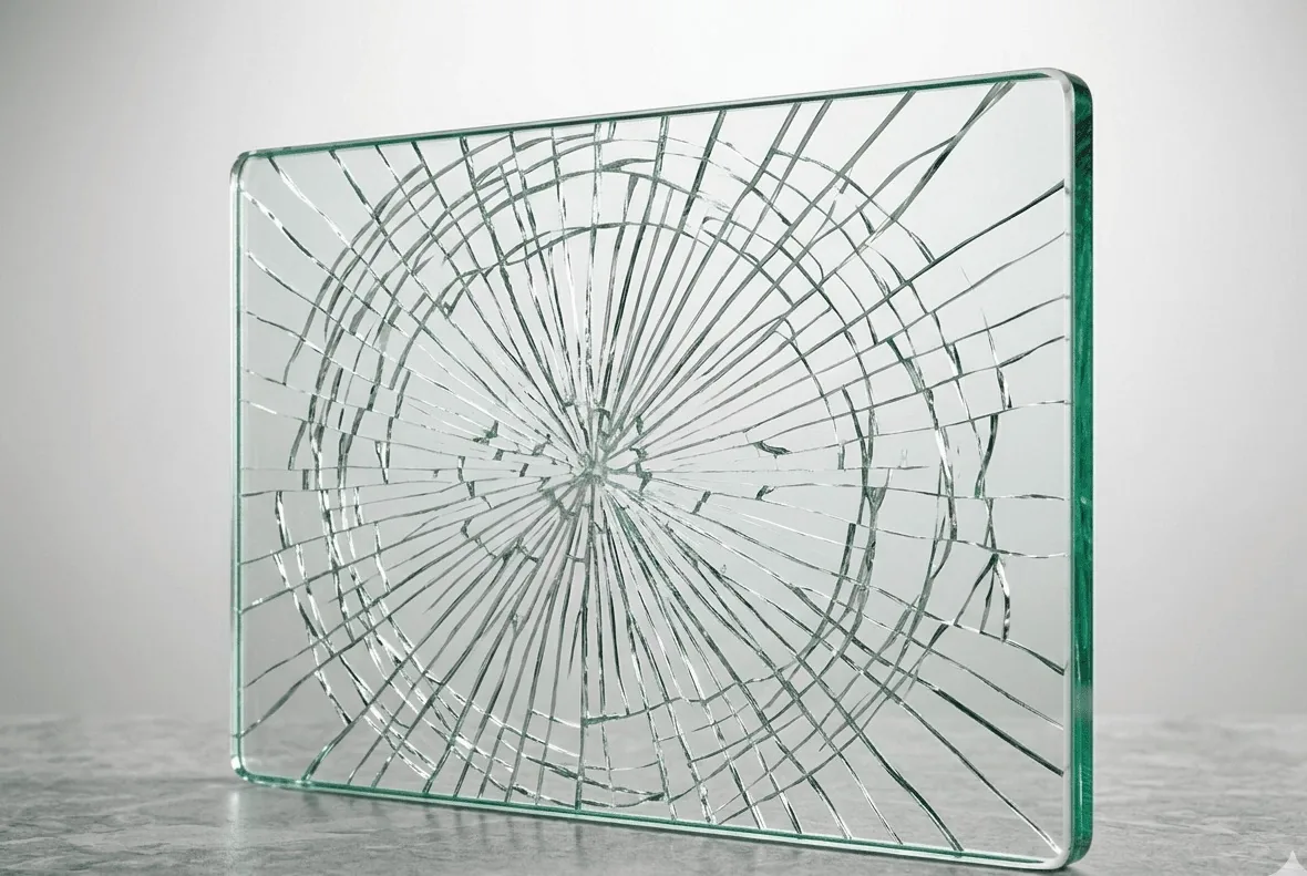 Verre feuilleté brisé montrant la retenue des fragments par le film PVB