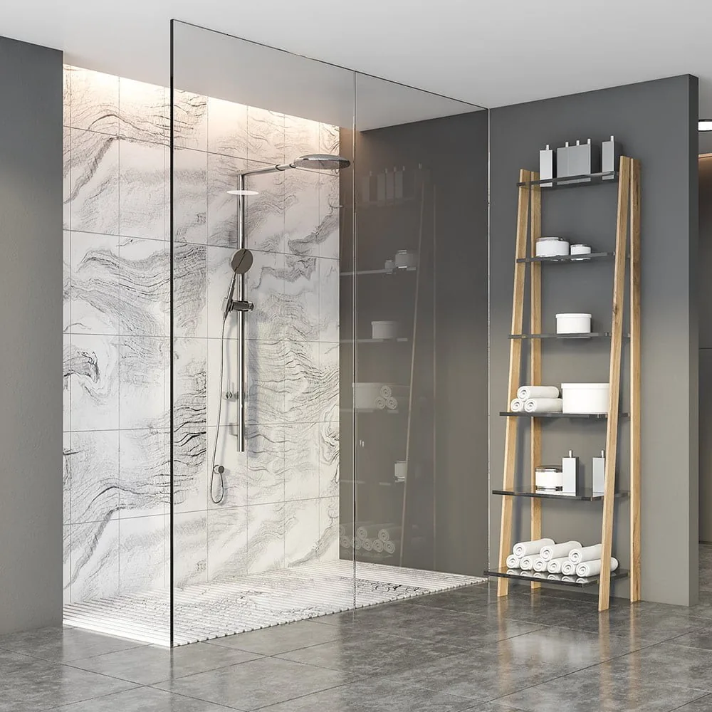Paroi de douche en verre sur mesure dans une salle de bain moderne avec etageres en verre