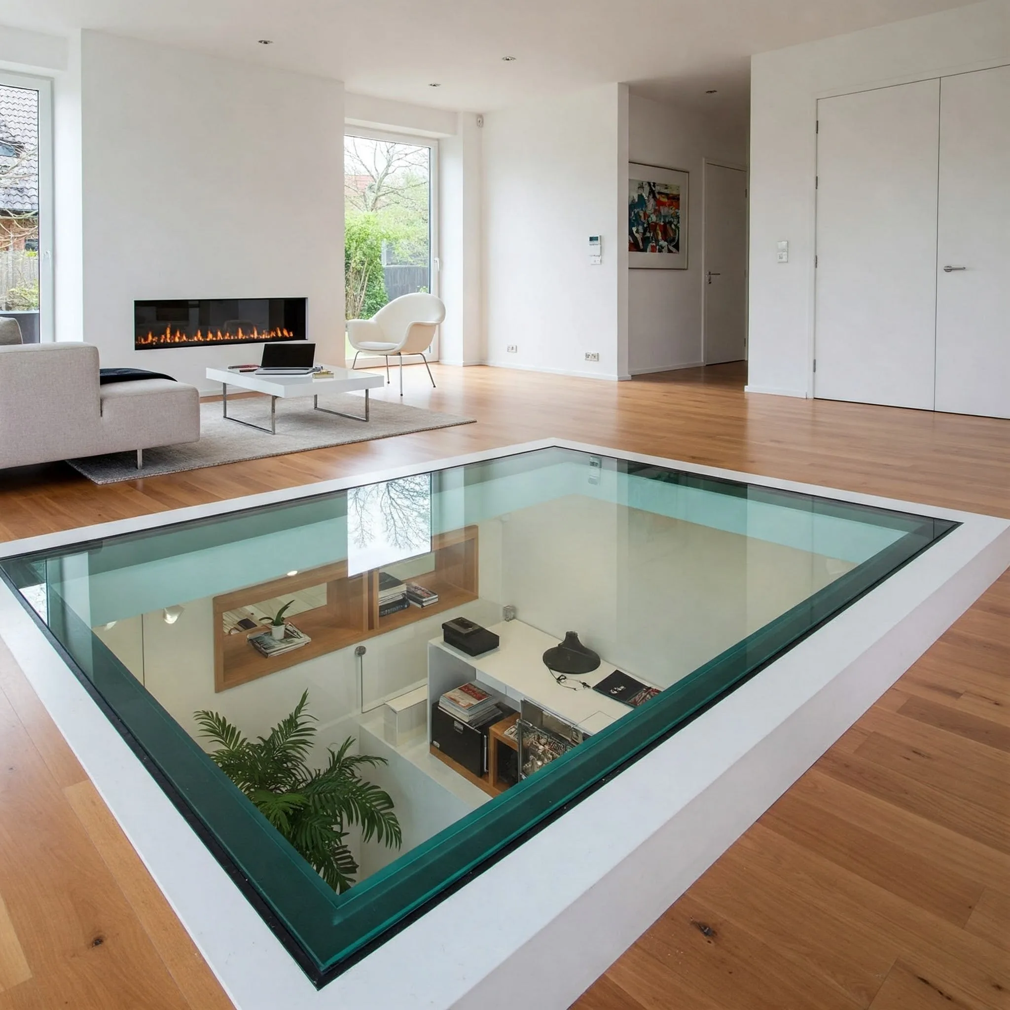 Dalle en verre sur mesure integree dans un plancher de salon moderne avec vue sur le niveau inferieur